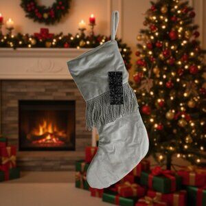 TAHARI HOME Silver Gray Fringe Christmas Holiday Stocking 22" Velvet NEW